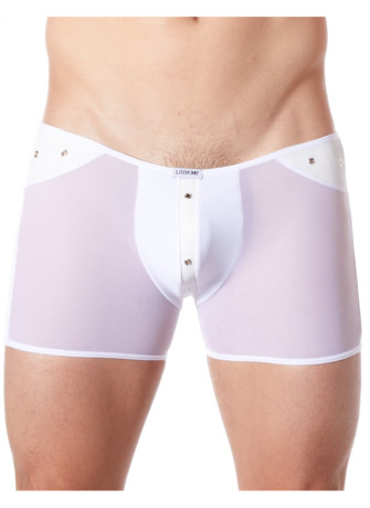 Boxer blanc sexy maille transparente et bande style cuir - LM807-67WHT